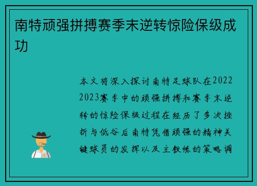 南特顽强拼搏赛季末逆转惊险保级成功 南特顽强拼搏赛季末逆转惊险保级成功