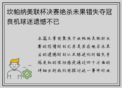 坎帕纳美联杯决赛绝杀未果错失夺冠良机球迷遗憾不已